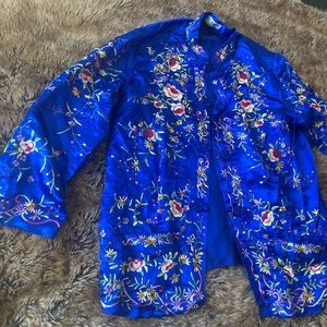 Vintage Esme Chinese Blue Satin & Floral Embroidery Jacket M